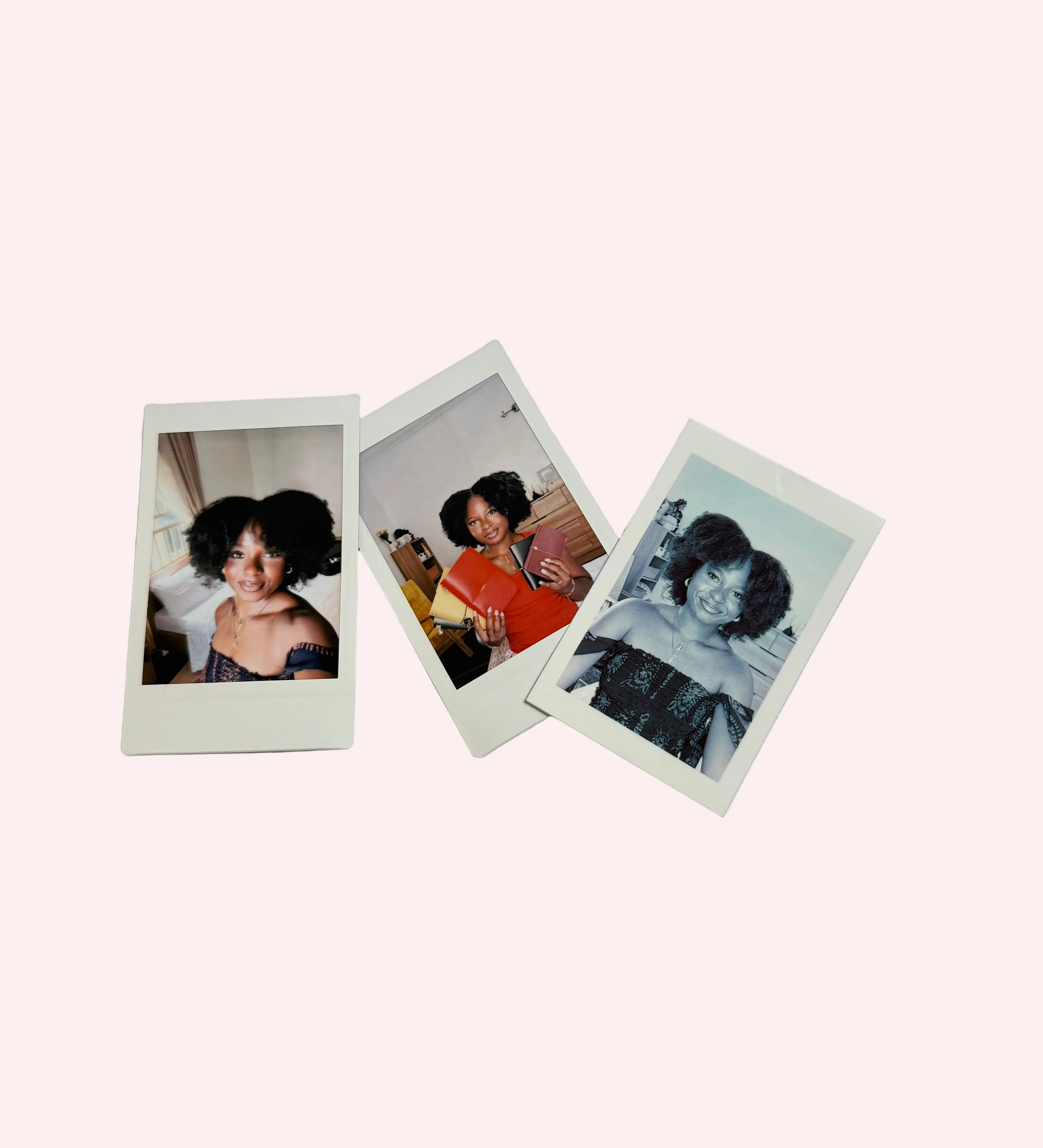 Three Polaroid photos of a woman on a white fabric background